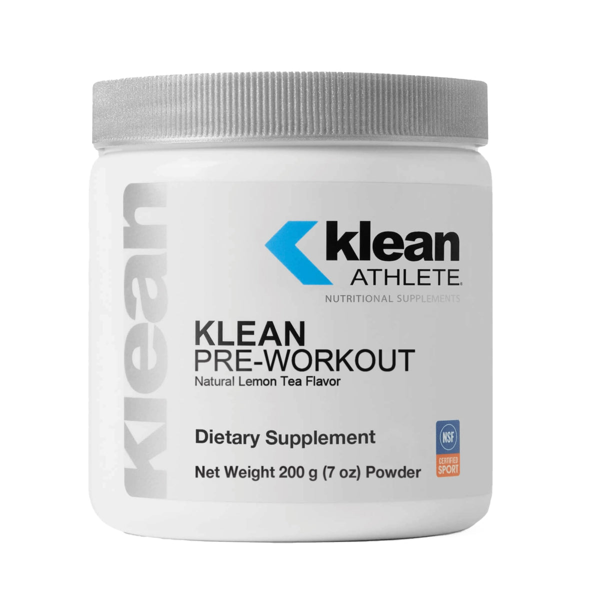 Klean Athlete envase frontal mostrando sabor té limón y certificación NSF