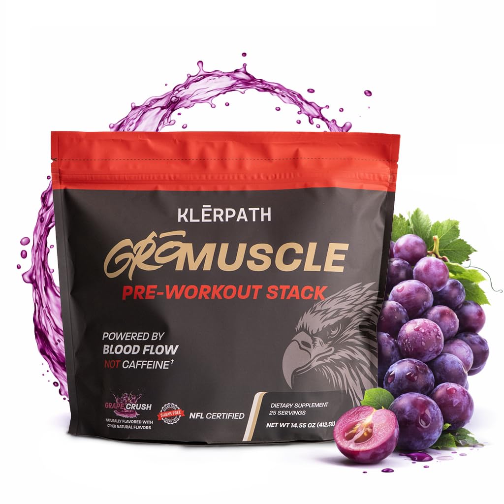 Klerpath envase frontal GrōMuscle mostrando sabor Grape Crush y beneficios para rendimiento