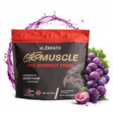 Klerpath envase frontal GrōMuscle mostrando sabor Grape Crush y beneficios para rendimiento