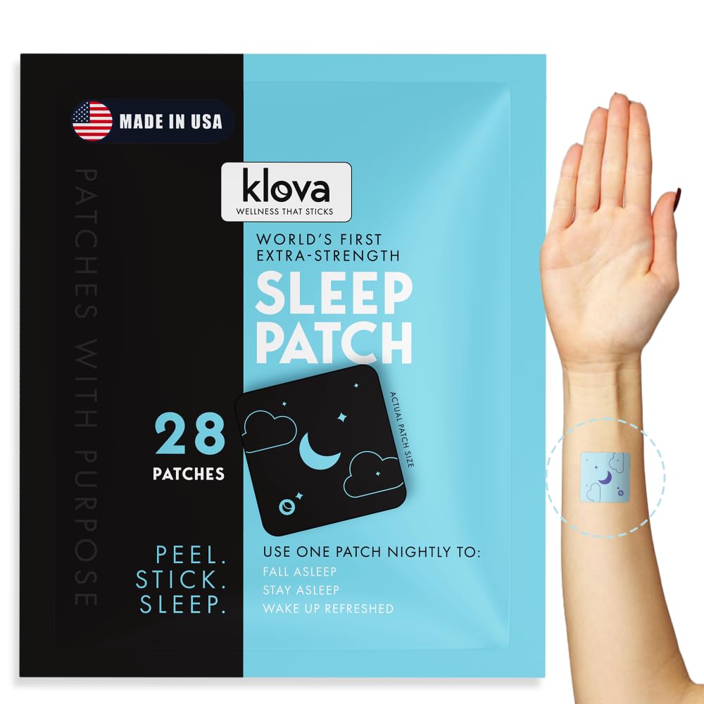 Klova empaque frontal mostrando 28 parches para sueño y conveniencia