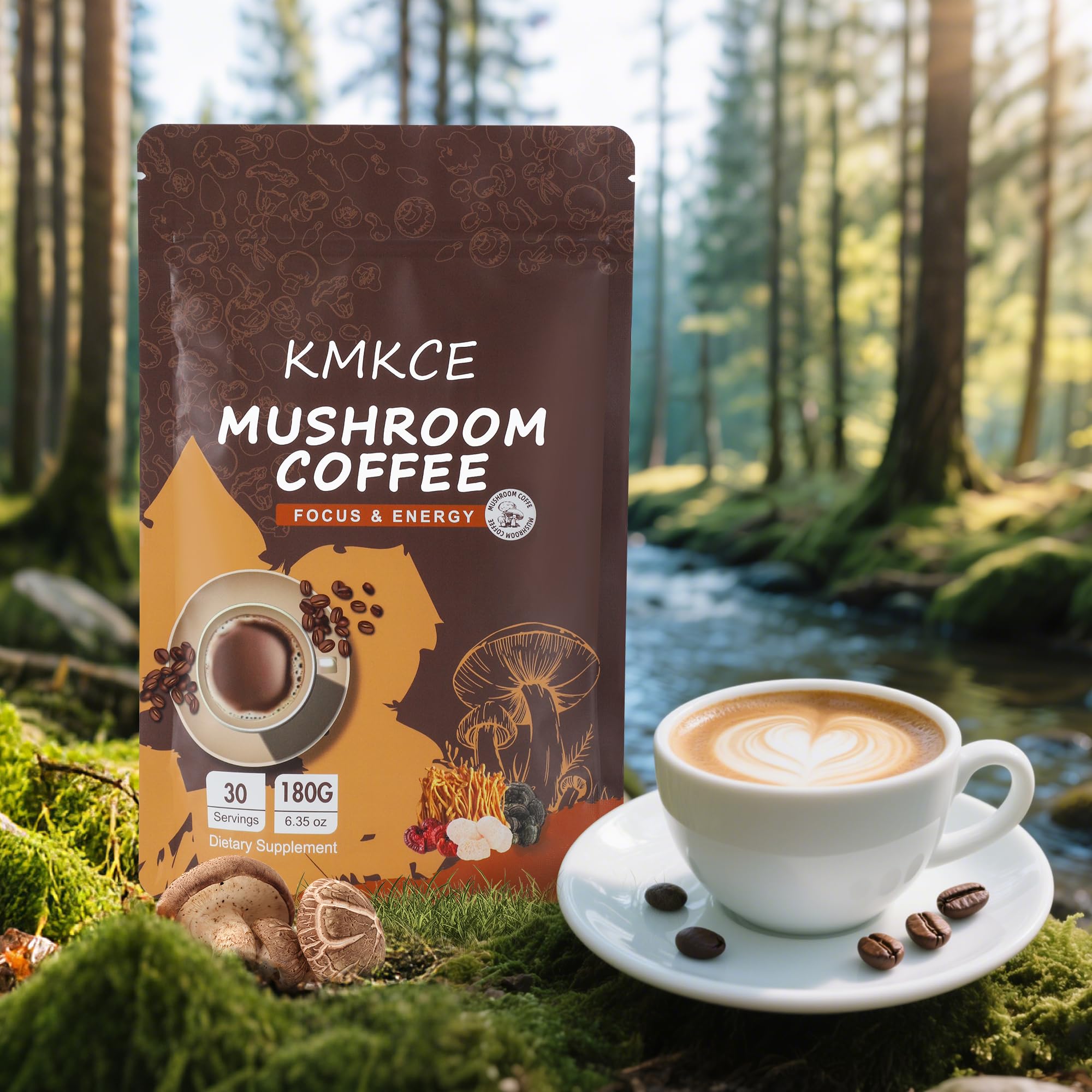 KMKCE conjunto de hongos y granos de café crudos mostrando materias primas