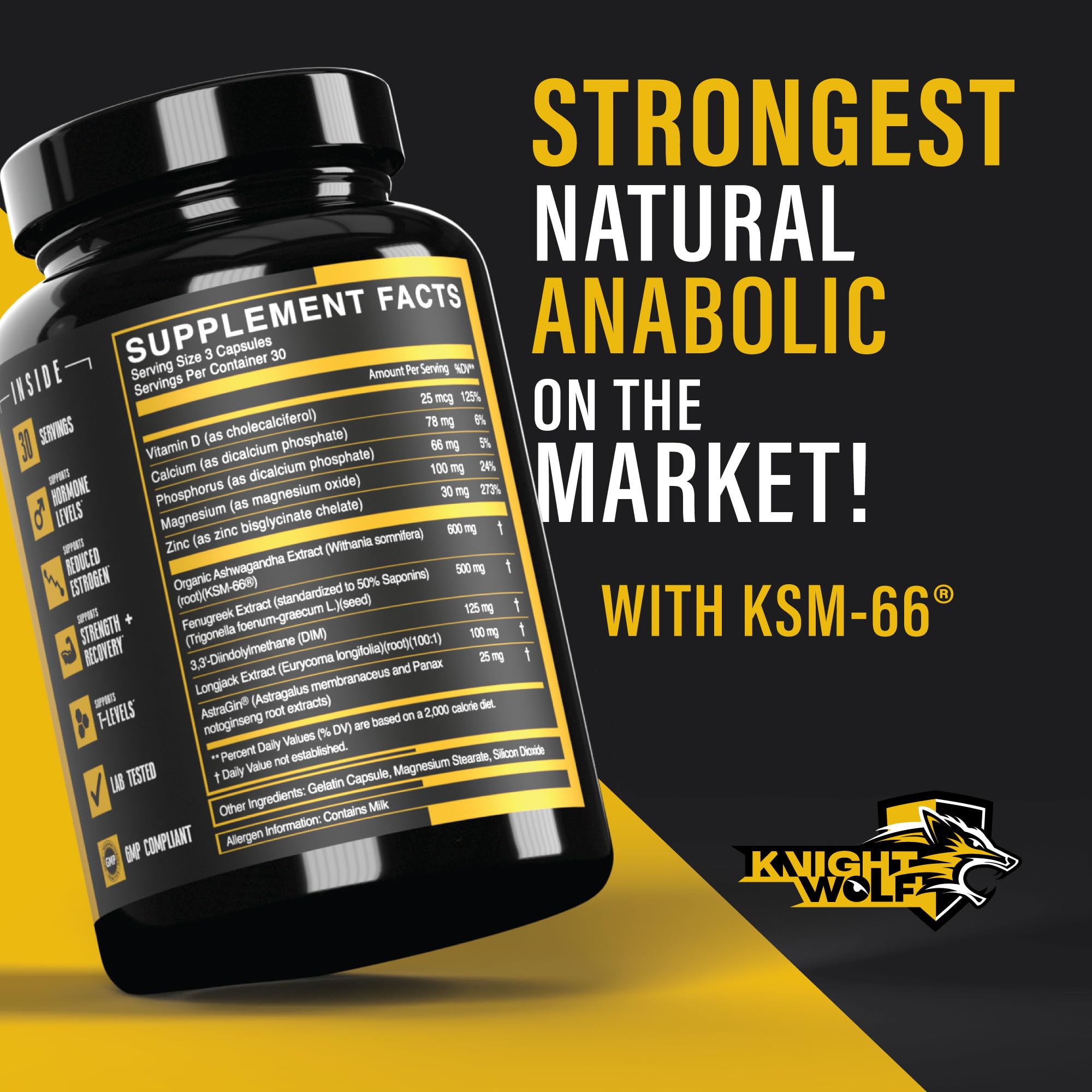 KNIGHT WOLF SUPPS ingredientes clave KSM-66 y fenogreco ilustrados para potencia