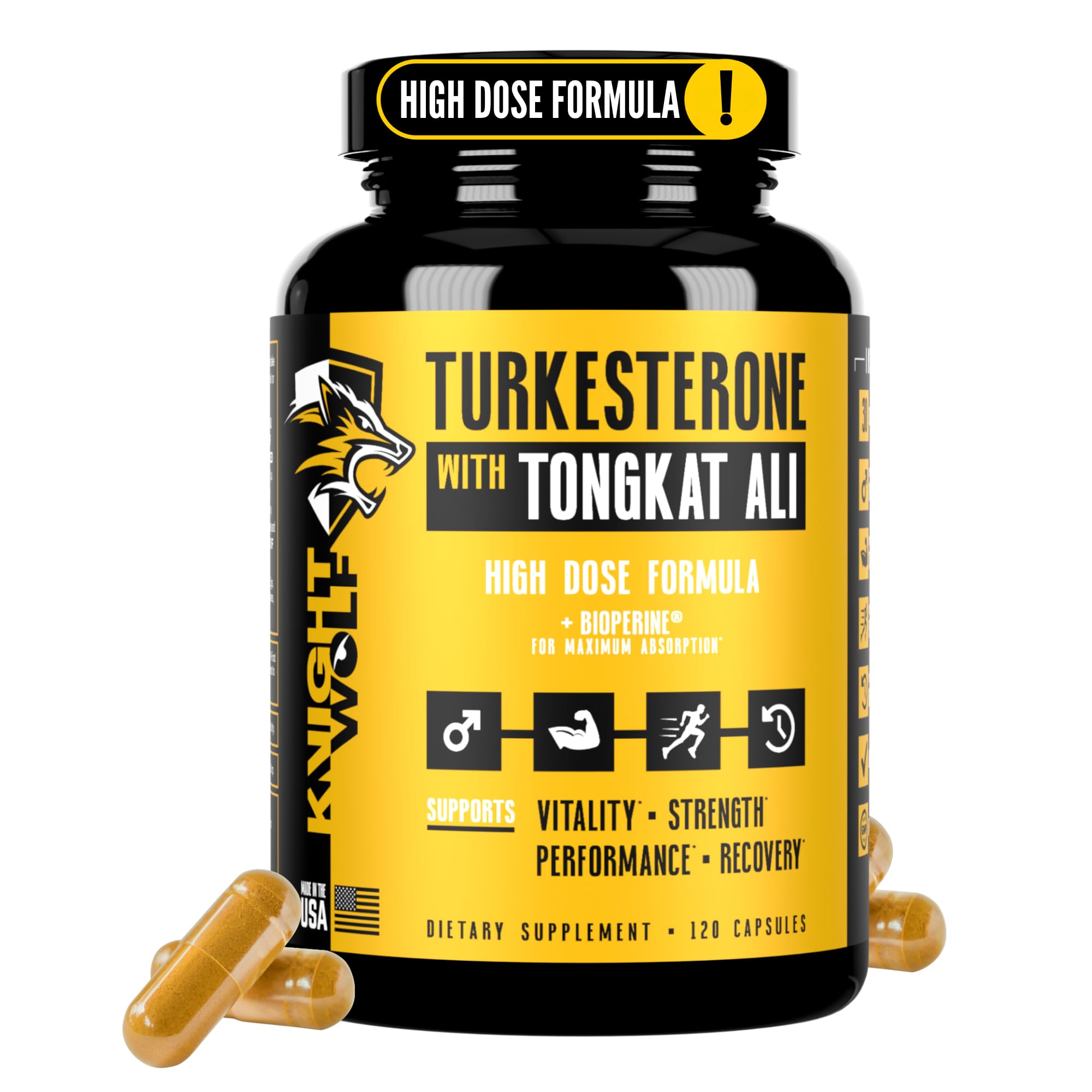 KNIGHT WOLF SUPPS vista frontal del envase con ingredientes y ventaja de potencia