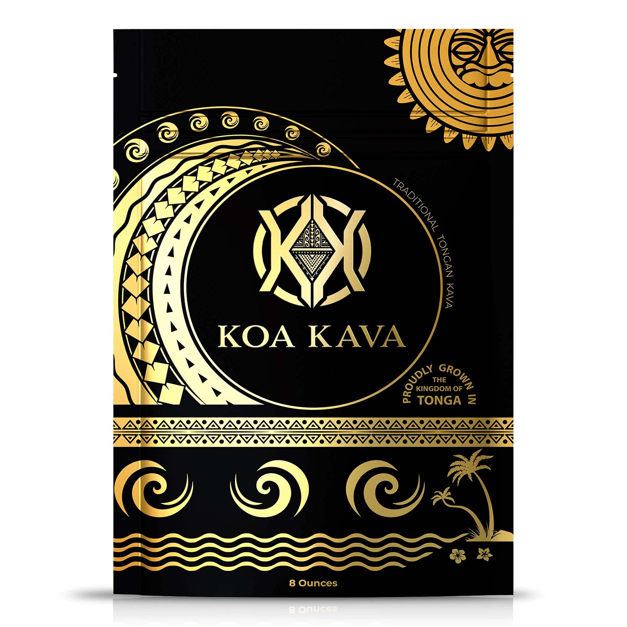 Koa Kava envase frontal mostrando etiqueta y 8 oz, calidad visible