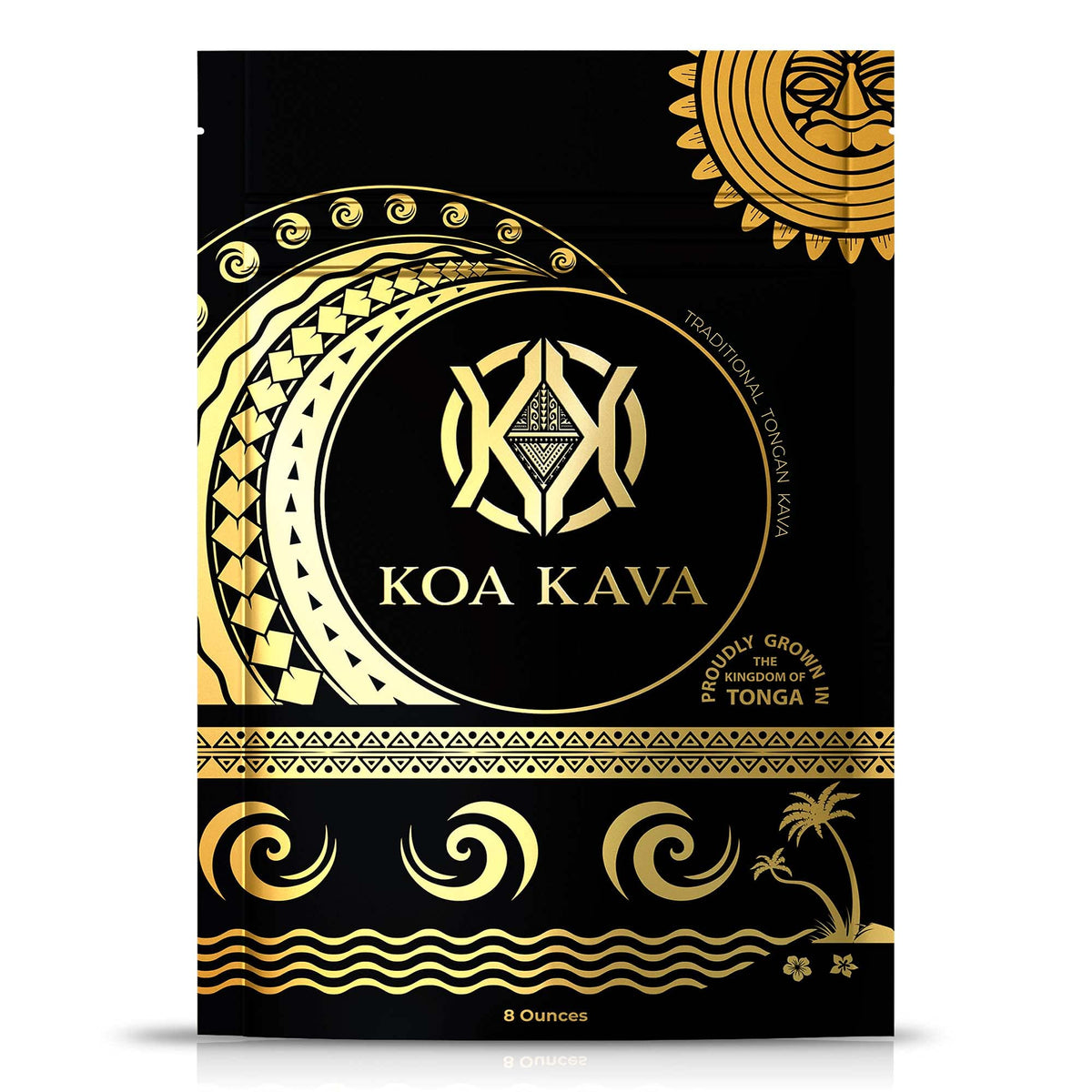 Koa Kava envase frontal mostrando etiqueta y 8 oz, calidad visible