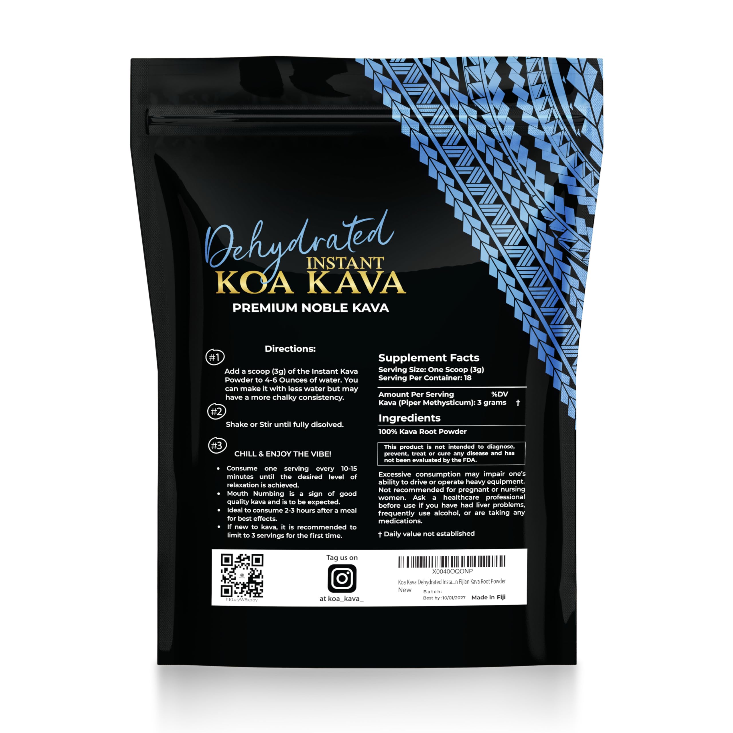 Koa Kava envase abierto mostrando el contenido para servir