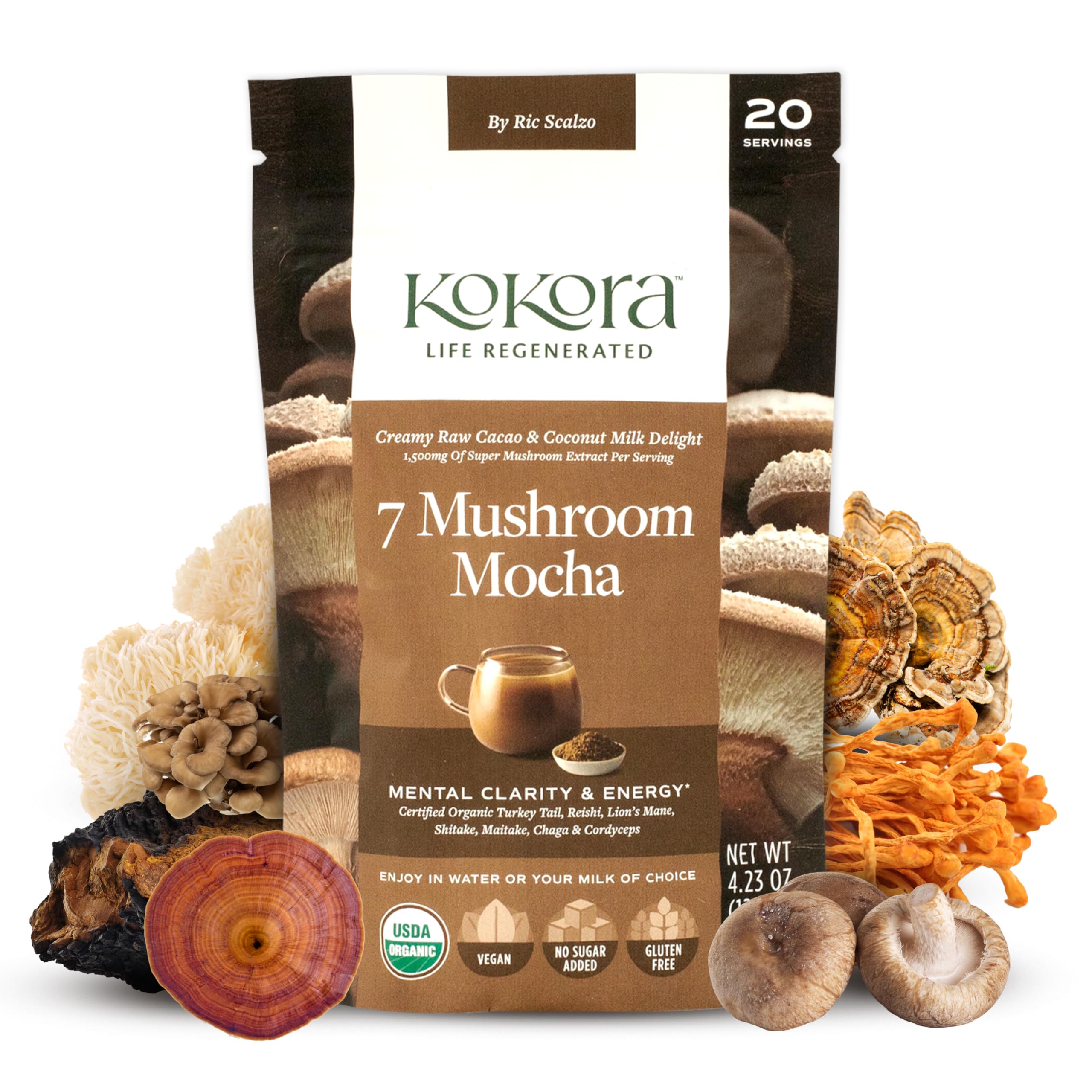 kokora envase frente mostrando mezcla de siete hongos y cacao, beneficios funcionales