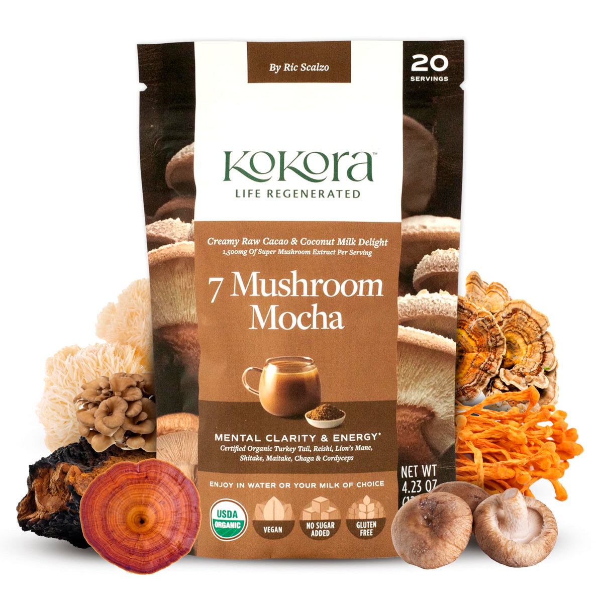 kokora envase frente mostrando mezcla de siete hongos y cacao, beneficios funcionales