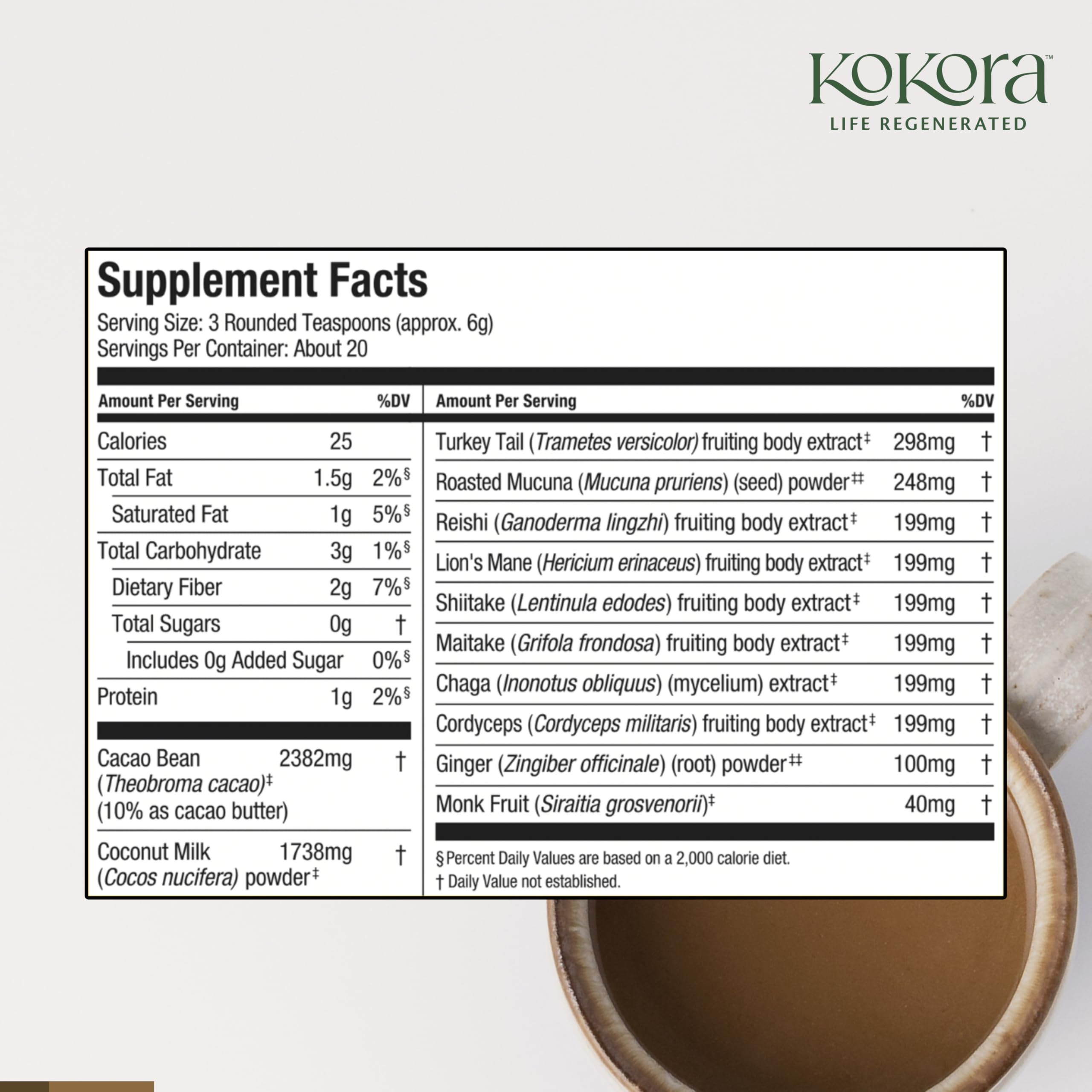 kokora polvo textura fina con cacao y coco, mezcla cremosa y fácil disolución