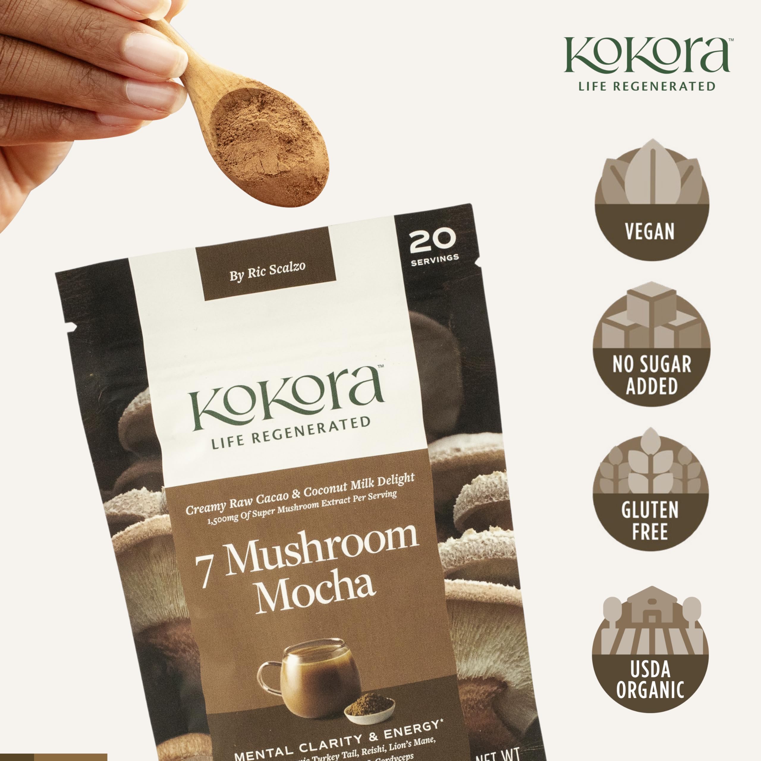 kokora cucharada de porción sobre fondo, muestra tamaño y rendimiento del envase