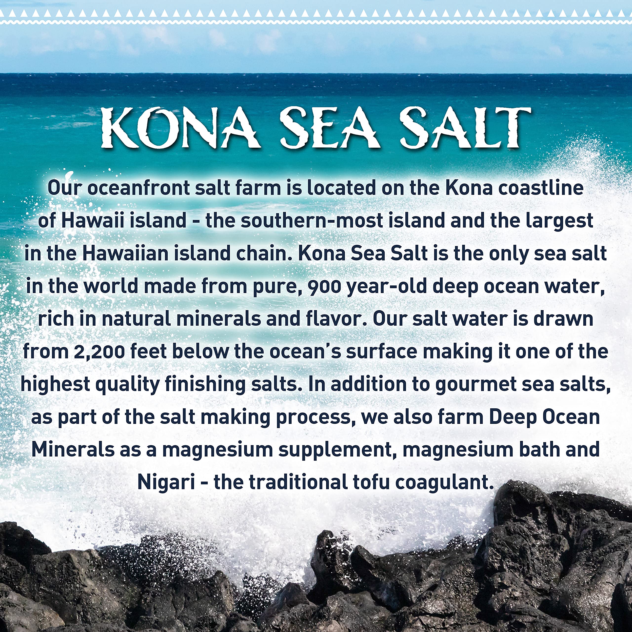 Kona Sea Salt mapa de origen en Kona Hawaii destacando extracción profunda