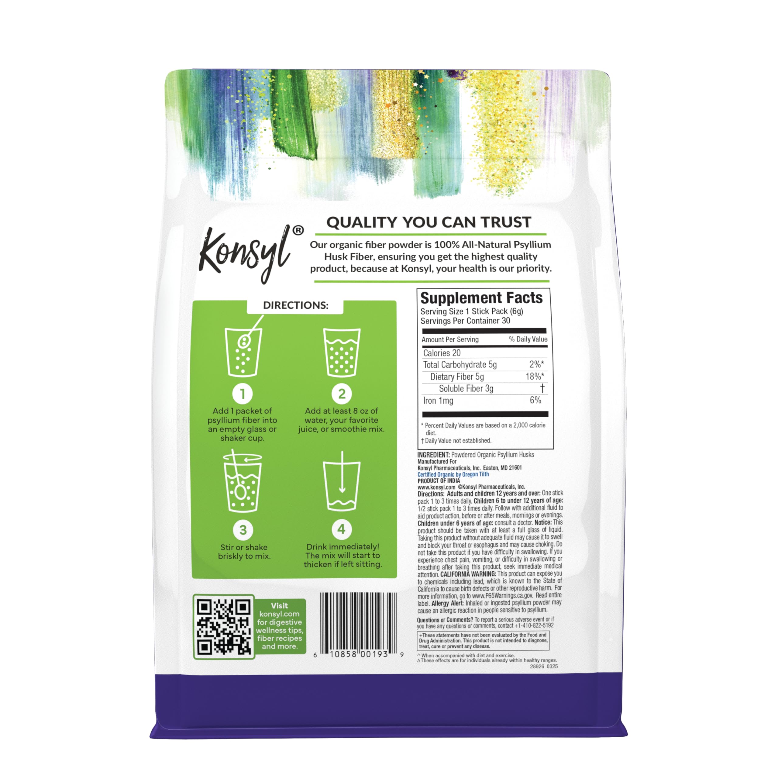 Konsyl polvo de psyllium vista de textura fina y mezcla fácil