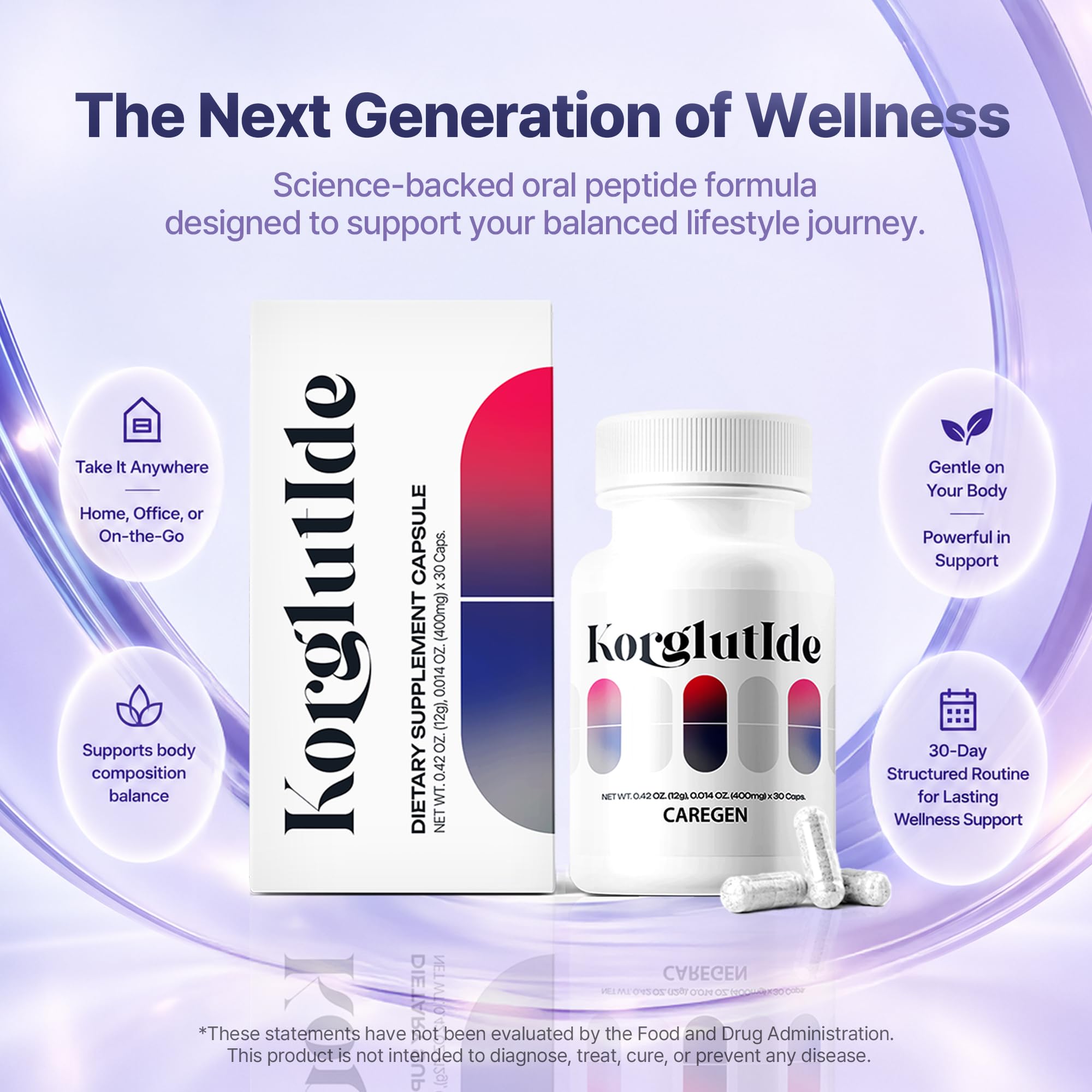 Korglutide primer plano de textura de la cápsula indica calidad