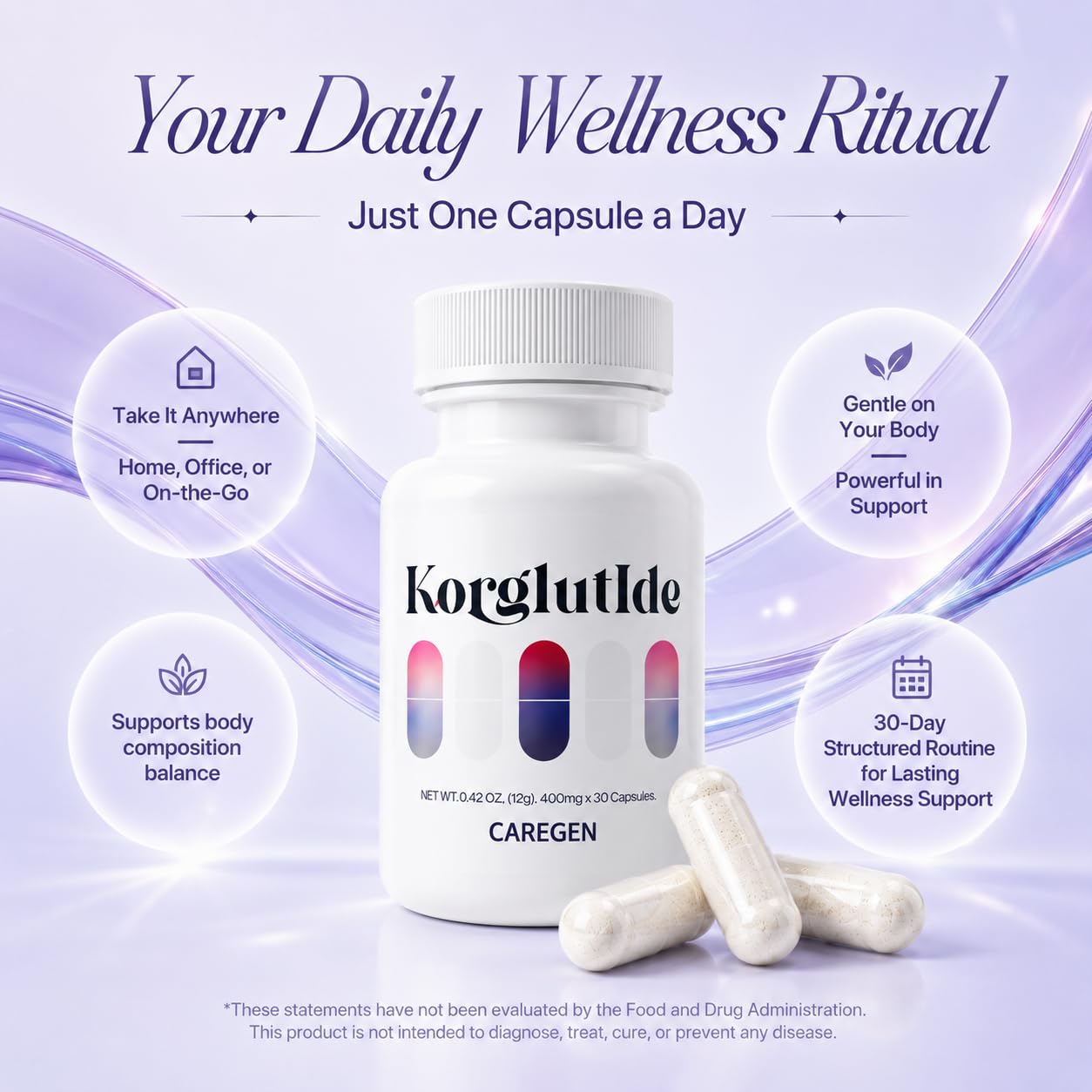 Korglutide cápsula junto a vaso de agua simbolizando uso diario