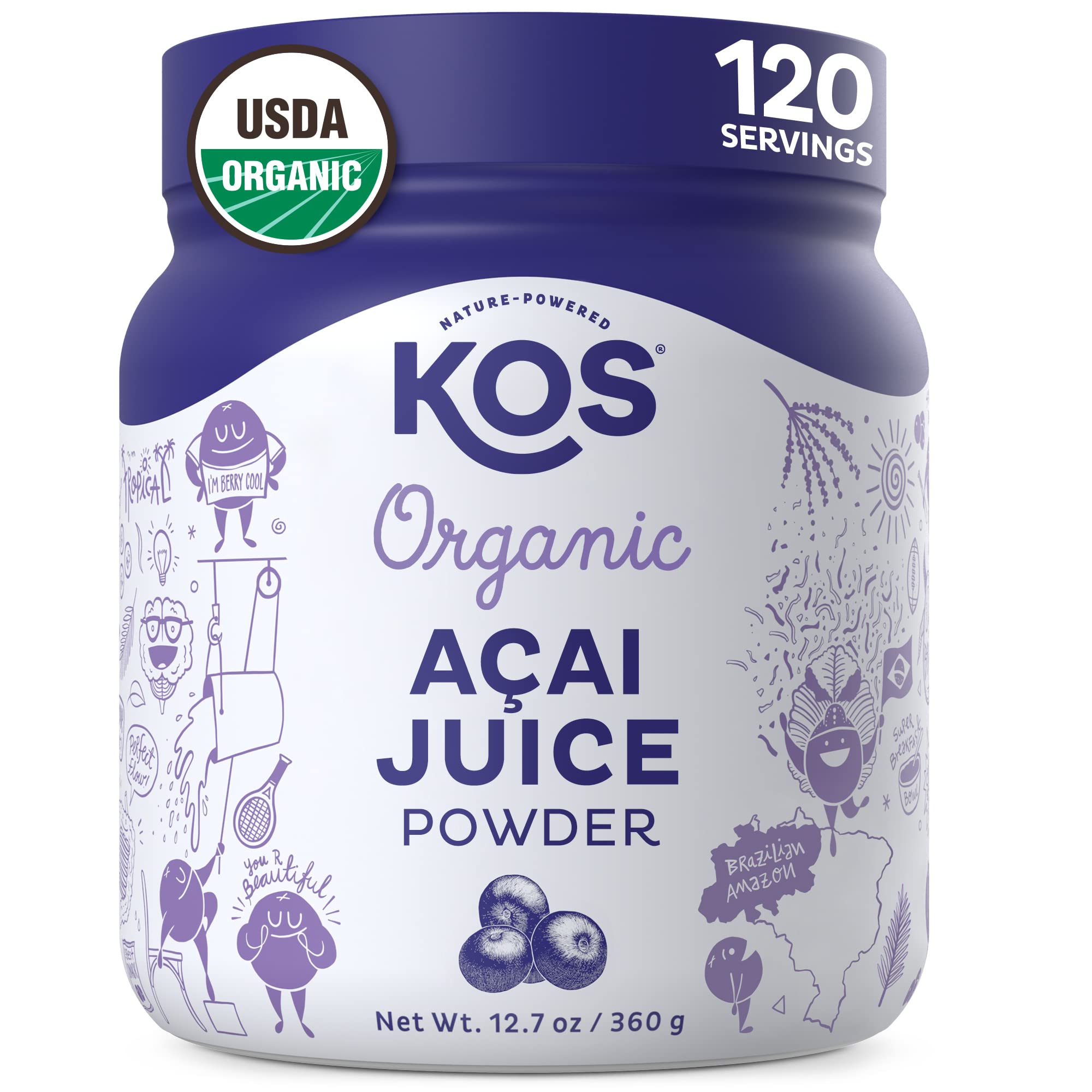 KOS polvo de acai frente del envase mostrando beneficio orgánico