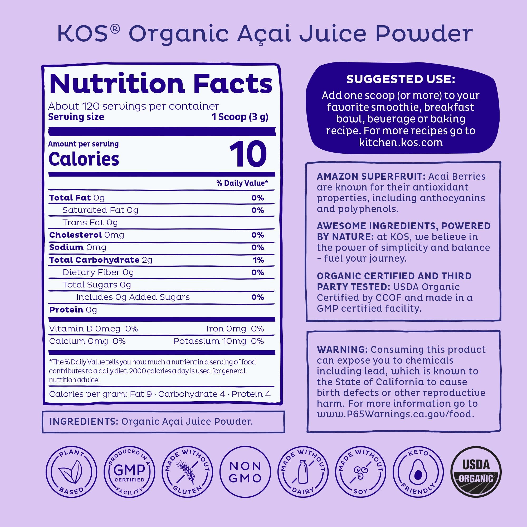KOS polvo acai textura en primer plano para mezclar fácilmente