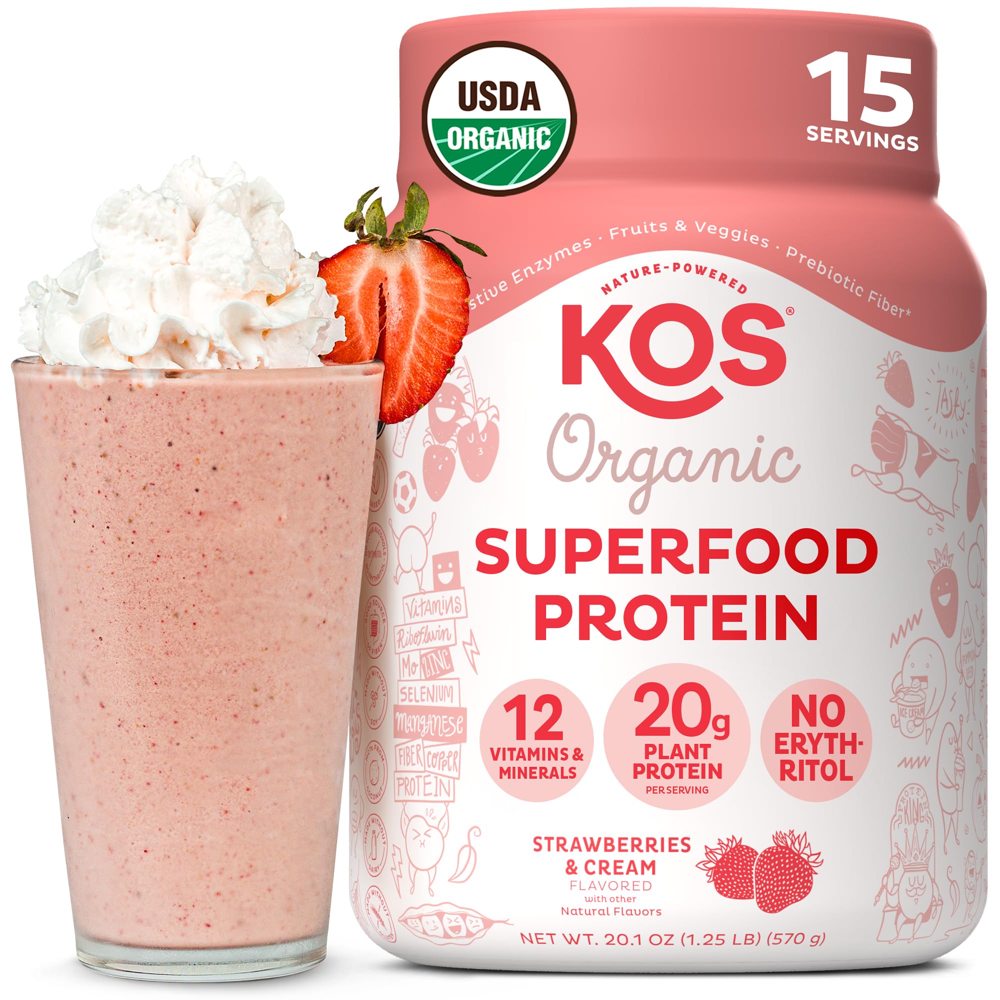 KOS bote frontal sabor Strawberry & Cream mostrando diseño y beneficio orgánico