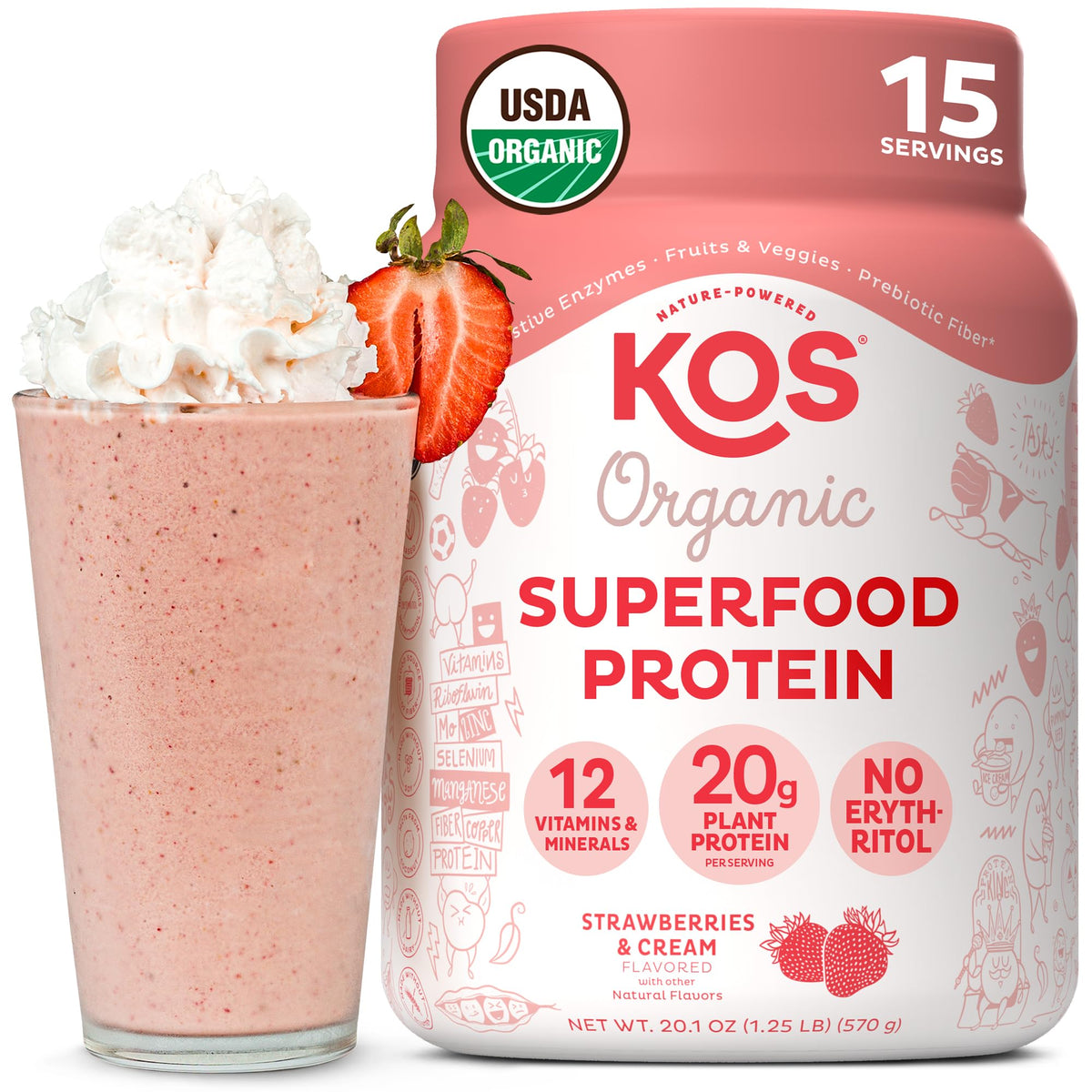 KOS bote frontal sabor Strawberry & Cream mostrando diseño y beneficio orgánico