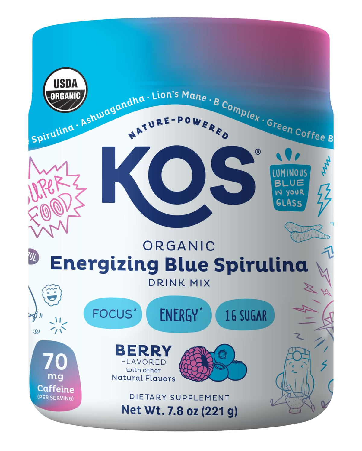 KOS envase frontal con spirulina azul mostrando apariencia y marca