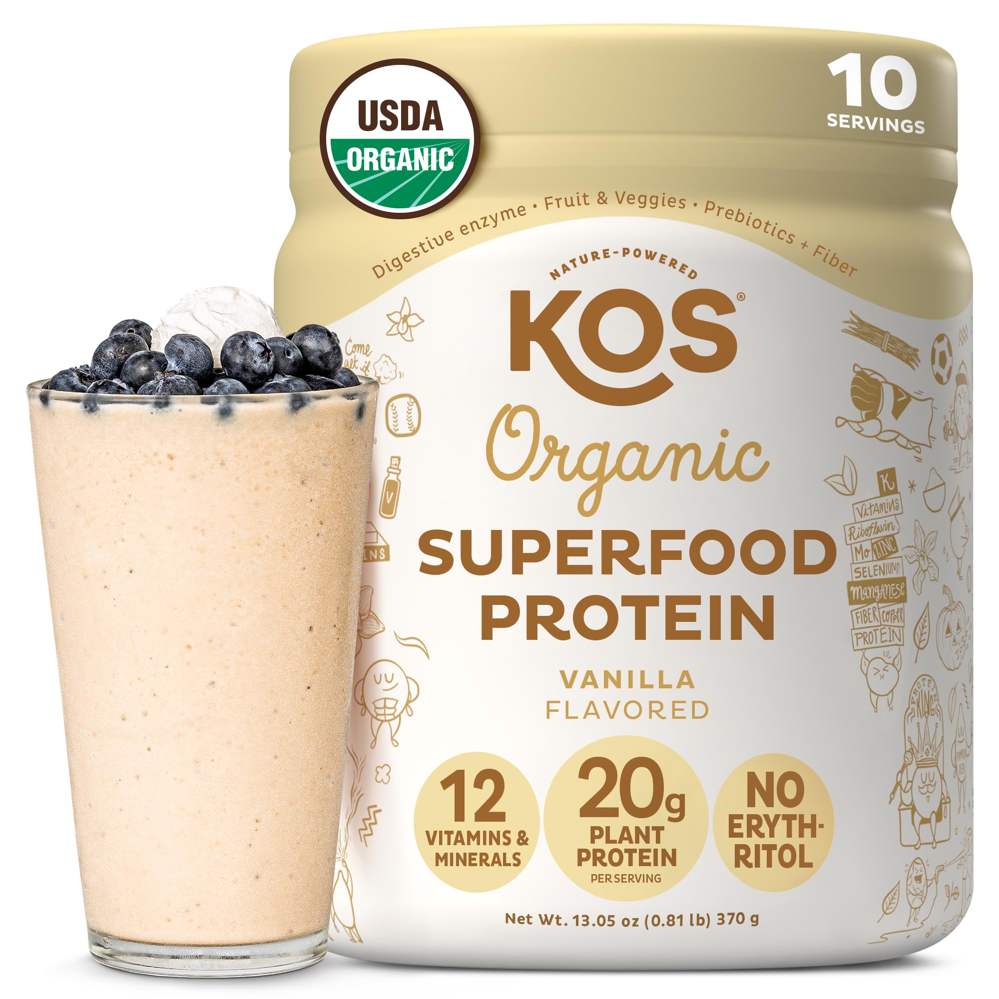 KOS envase frontal mostrando sabor vainilla y beneficios orgánicos