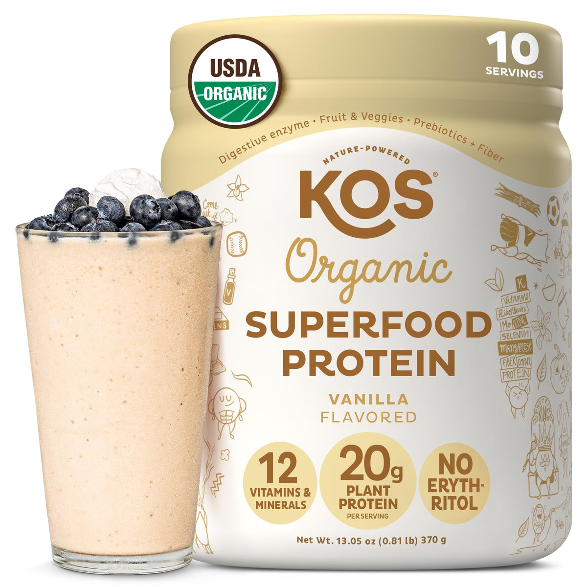 KOS envase frontal mostrando sabor vainilla y beneficios orgánicos