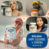 KOS etiqueta nutricional con lista de vitaminas y proteínas clave