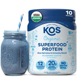 KOS frente del envase mostrando sabor blueberry muffin y beneficios