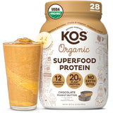 Envase KOS frente mostrando sabor chocolate cacahuate y beneficios