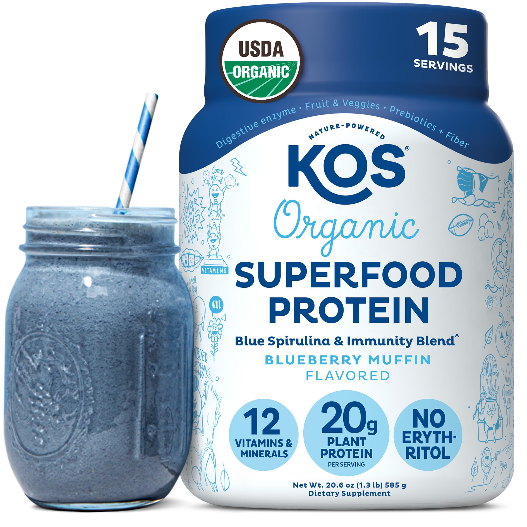 KOS envase frontal mostrando sabor blueberry muffin y beneficios