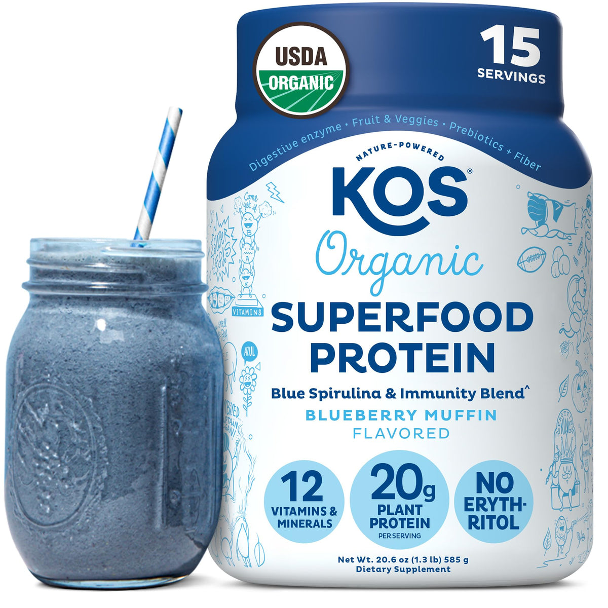 KOS envase frontal mostrando sabor blueberry muffin y beneficios