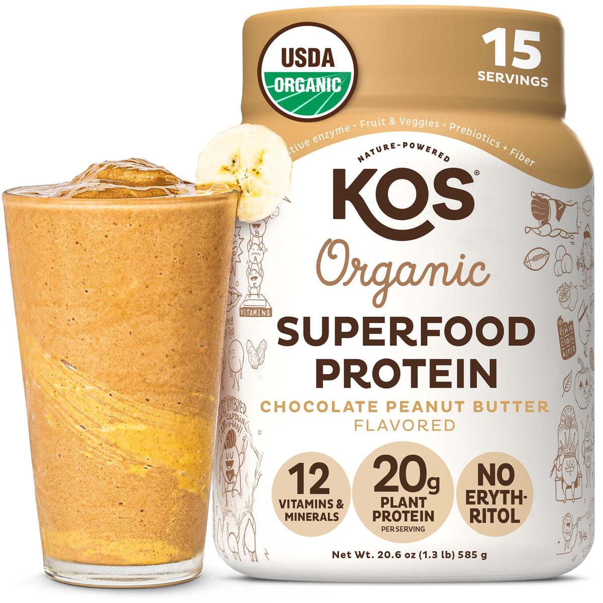 Envase KOS frontal mostrando sabor chocolate mantequilla de cacahuete y beneficios claros