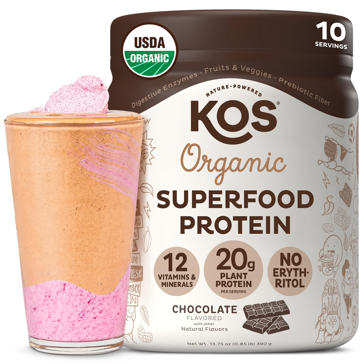 KOS envase frontal mostrando sabor chocolate y beneficios nutricionales