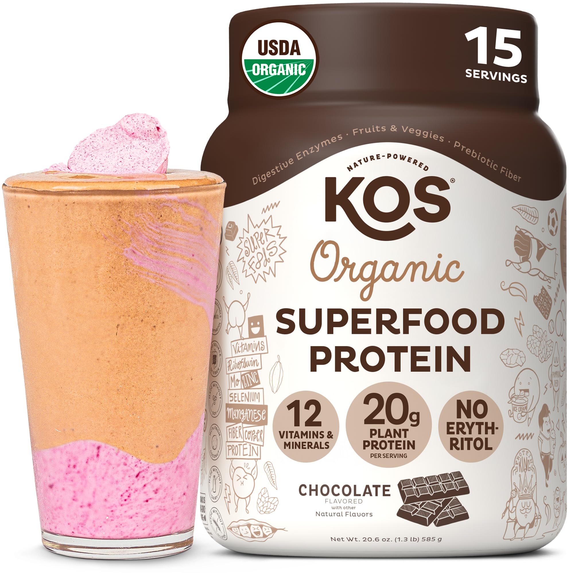 KOS envase frontal mostrando proteína vegetal y beneficios orgánicos