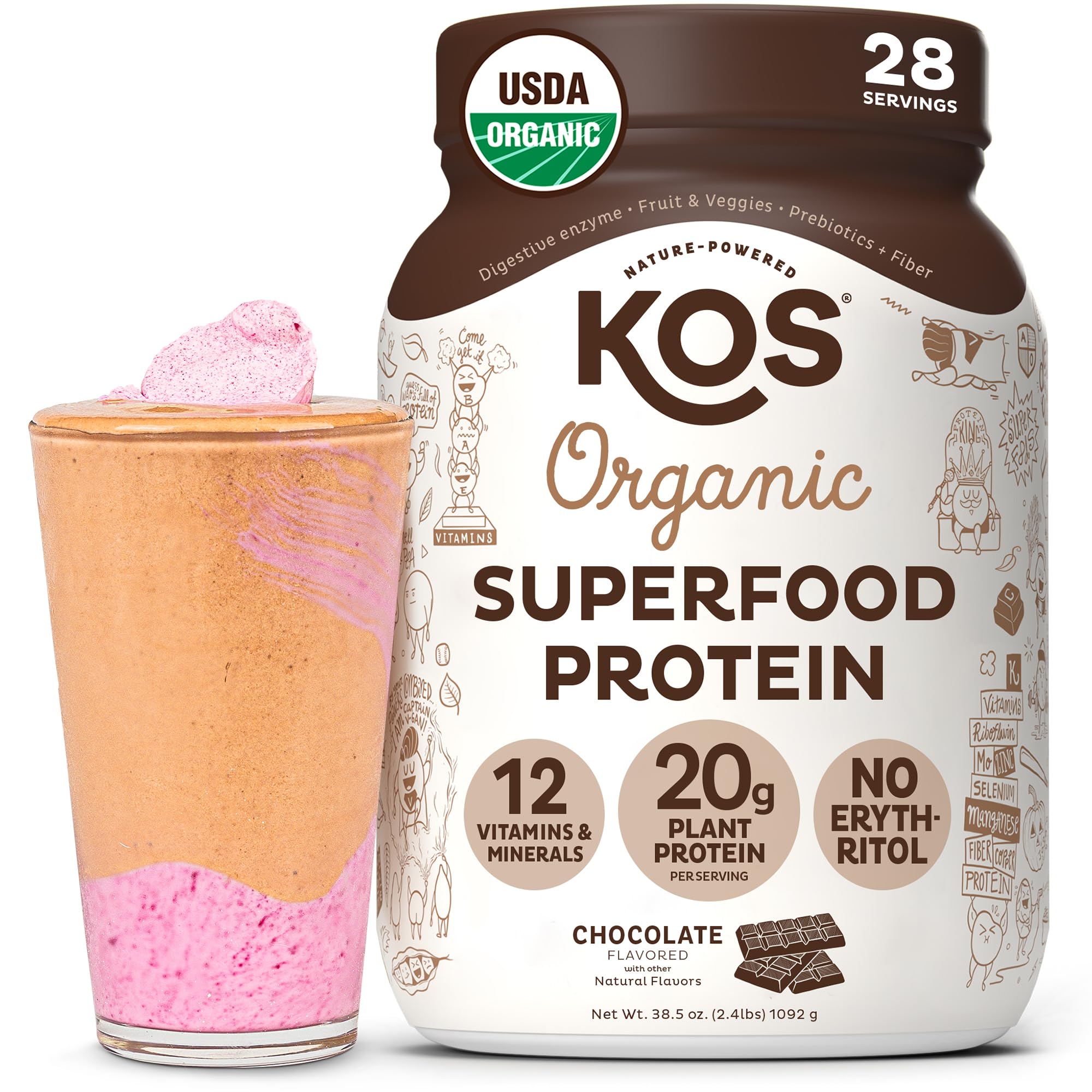 KOS envase frontal mostrando etiqueta y beneficio proteína vegana