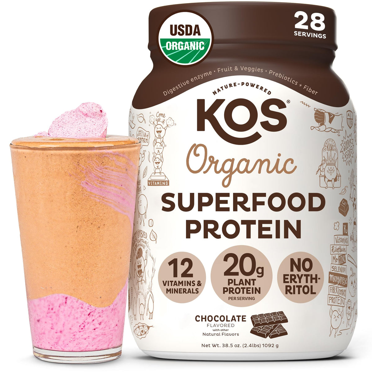 KOS envase frontal mostrando etiqueta y beneficio proteína vegana