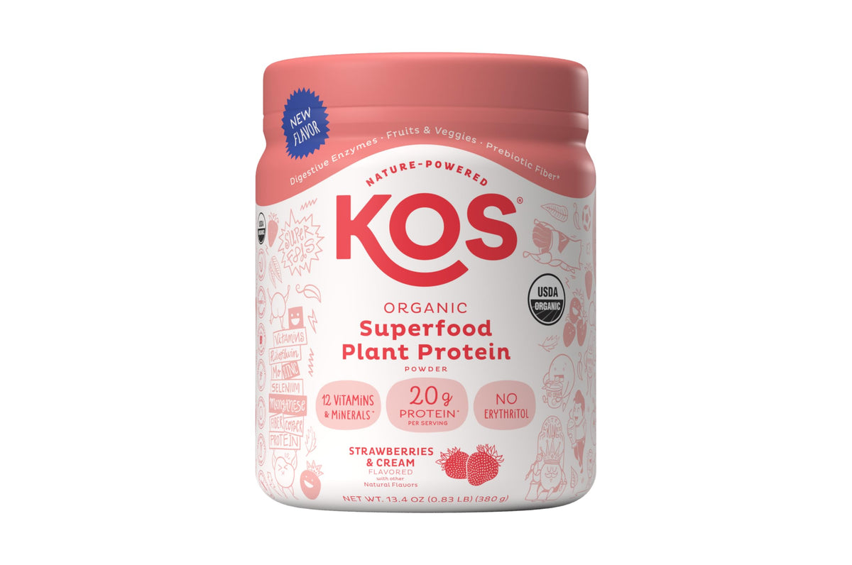 KOS envase frontal de proteína vegana con etiqueta orgánica que transmite confianza