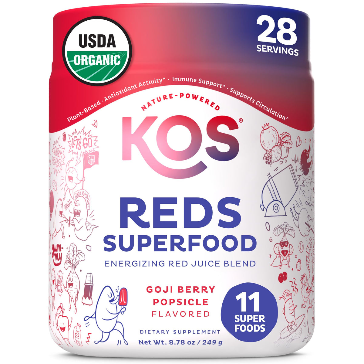 KOS Reds frente del envase mostrando su diseño orgánico y fácil uso