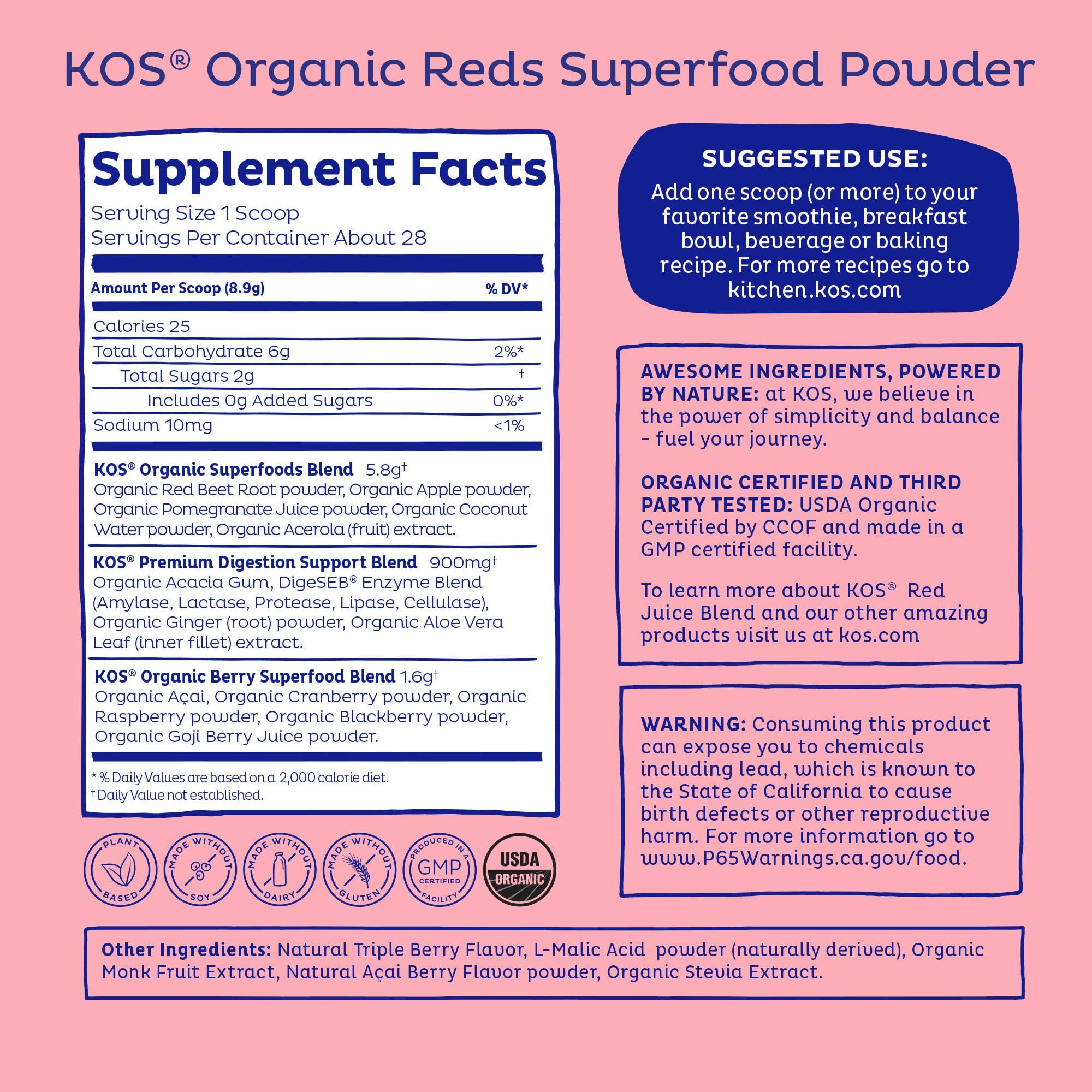 KOS Reds detalle del polvo y ingredientes que evidencia mezcla de superfrutas