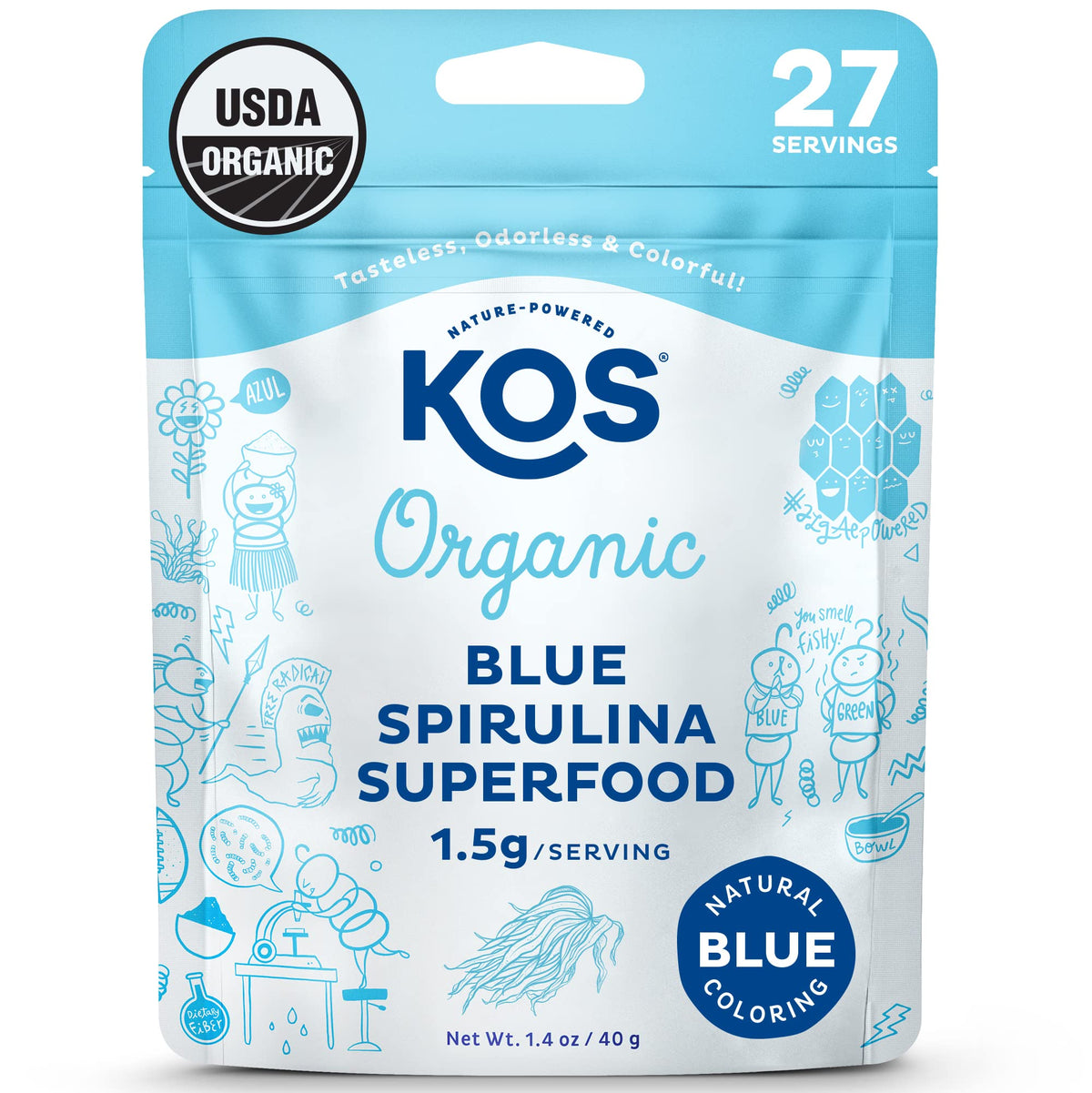 KOS spirulina azul frontal del envase mostrando color y certificaciones