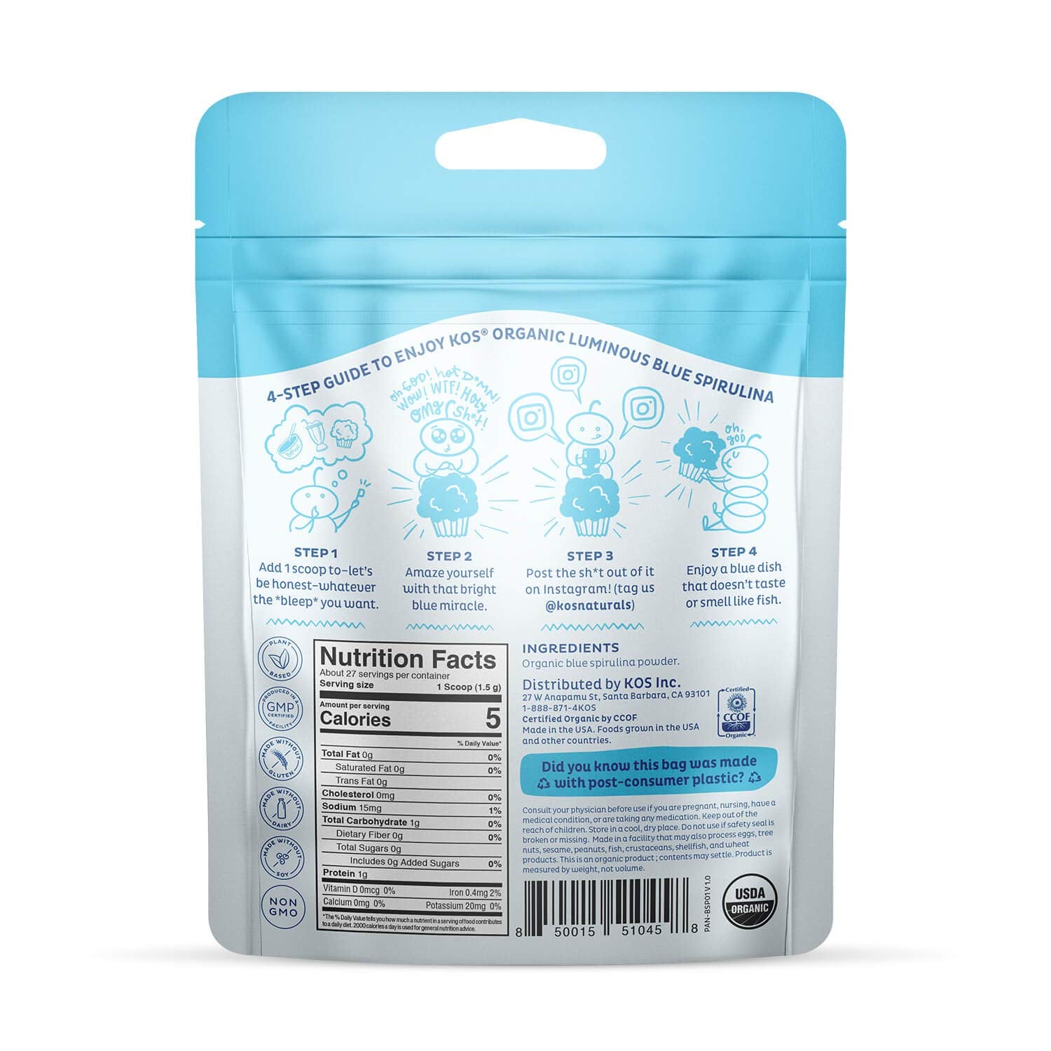 KOS spirulina azul primer plano de etiqueta mostrando certificación USDA Organic