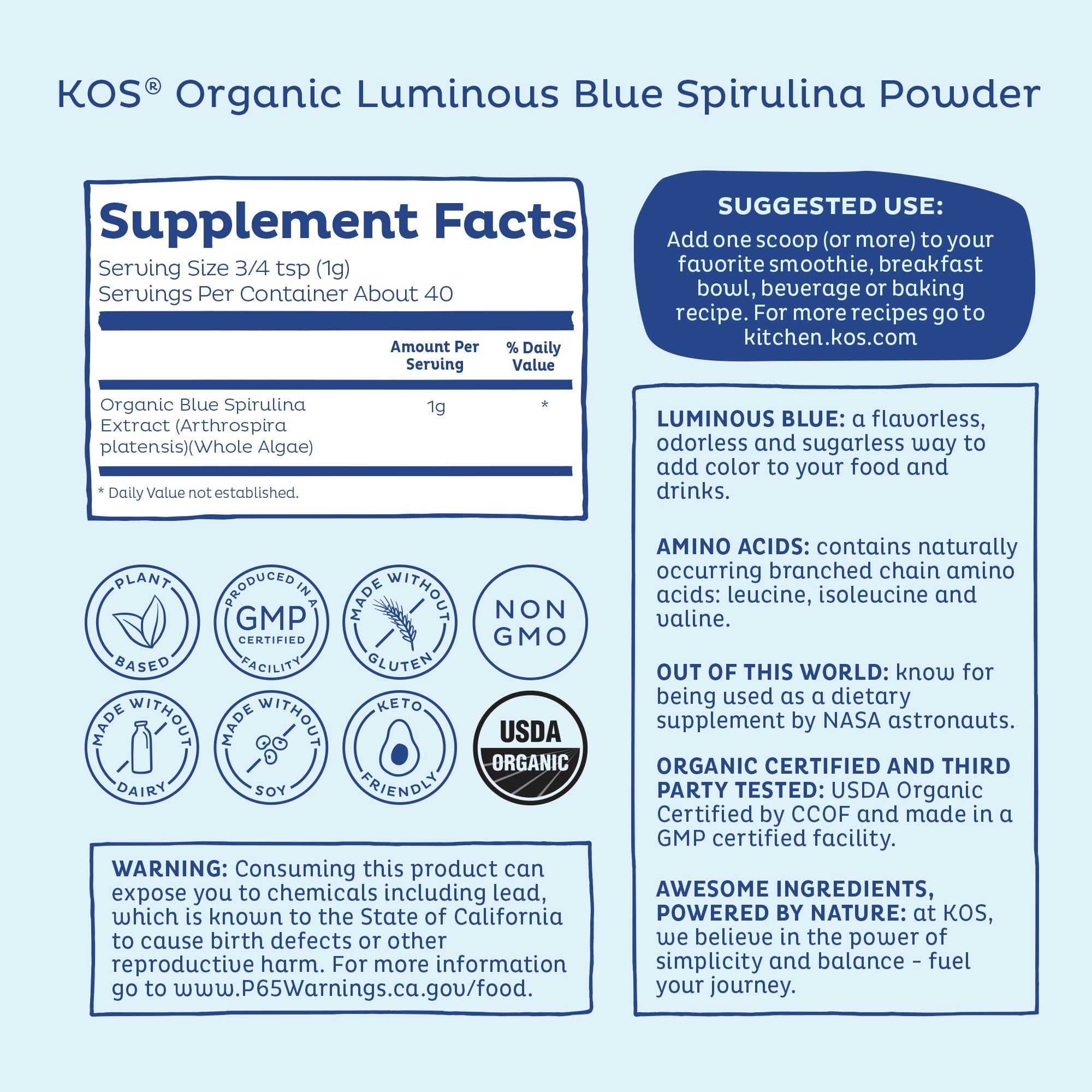 KOS spirulina azul comparación de tamaño de porción para dosificación clara