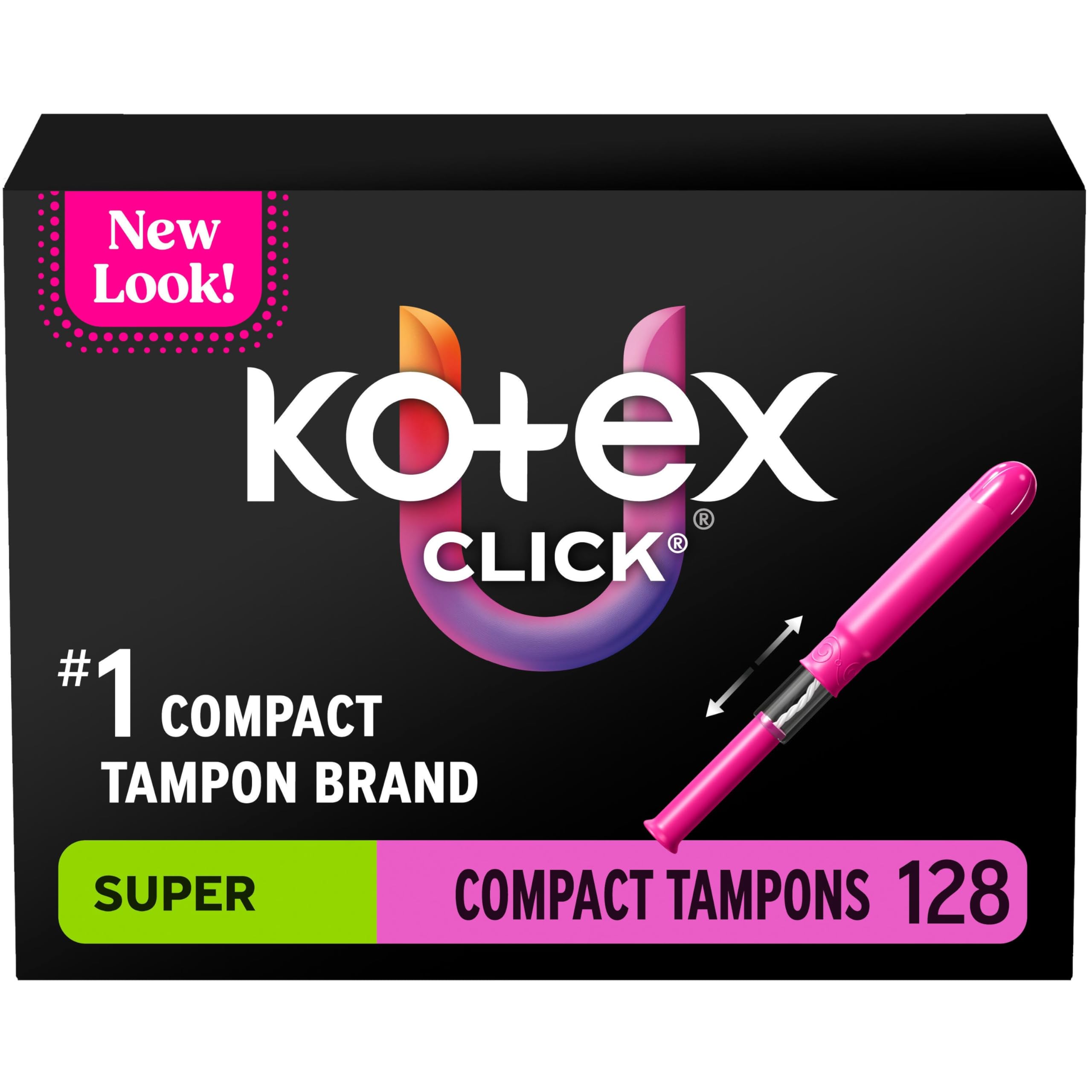 Kotex Click frente del paquete mostrando 128 unidades y portabilidad