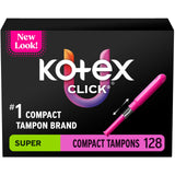 Kotex Click frente del paquete mostrando 128 unidades y portabilidad