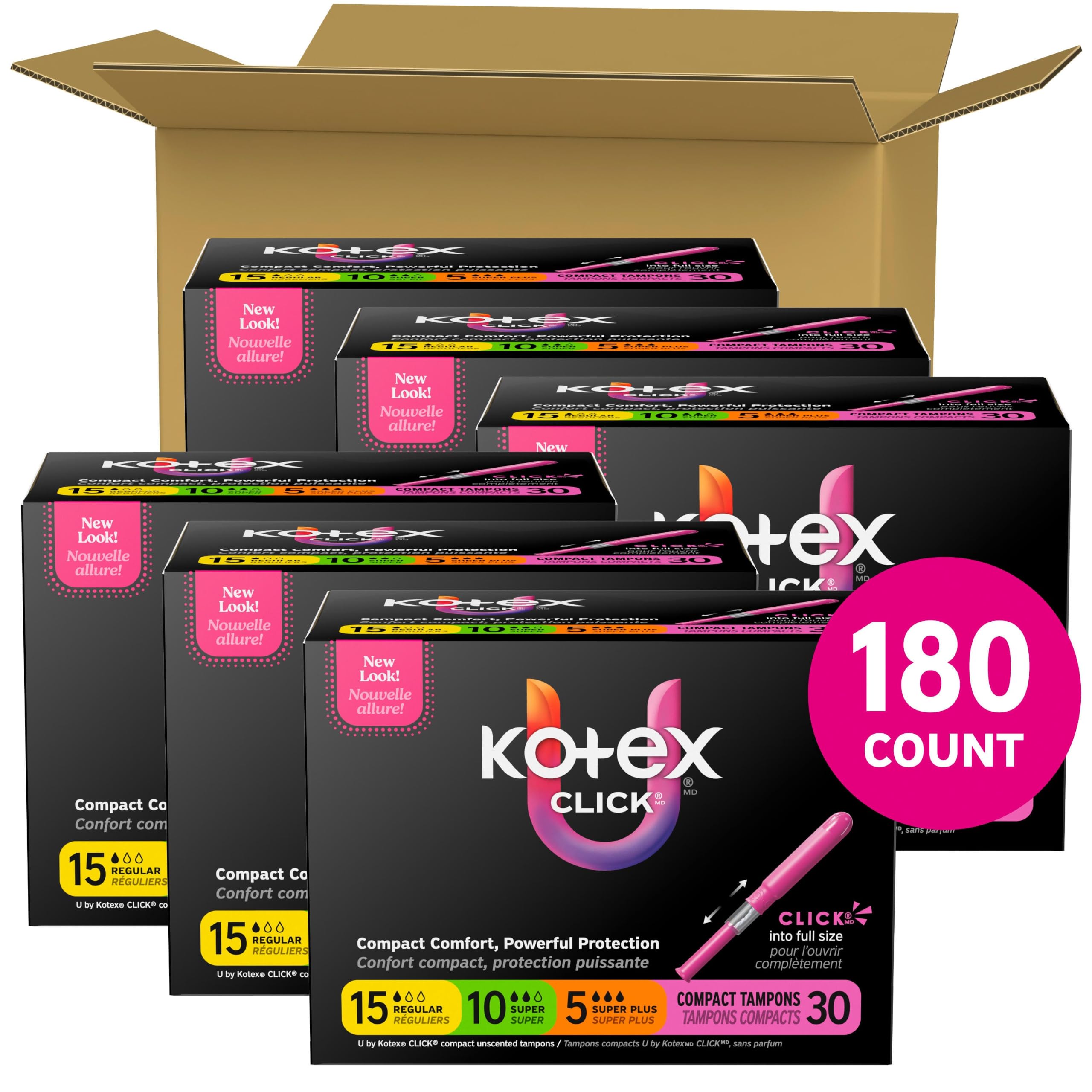 Kotex Click primer plano de la punta lisa para inserción cómoda y segura