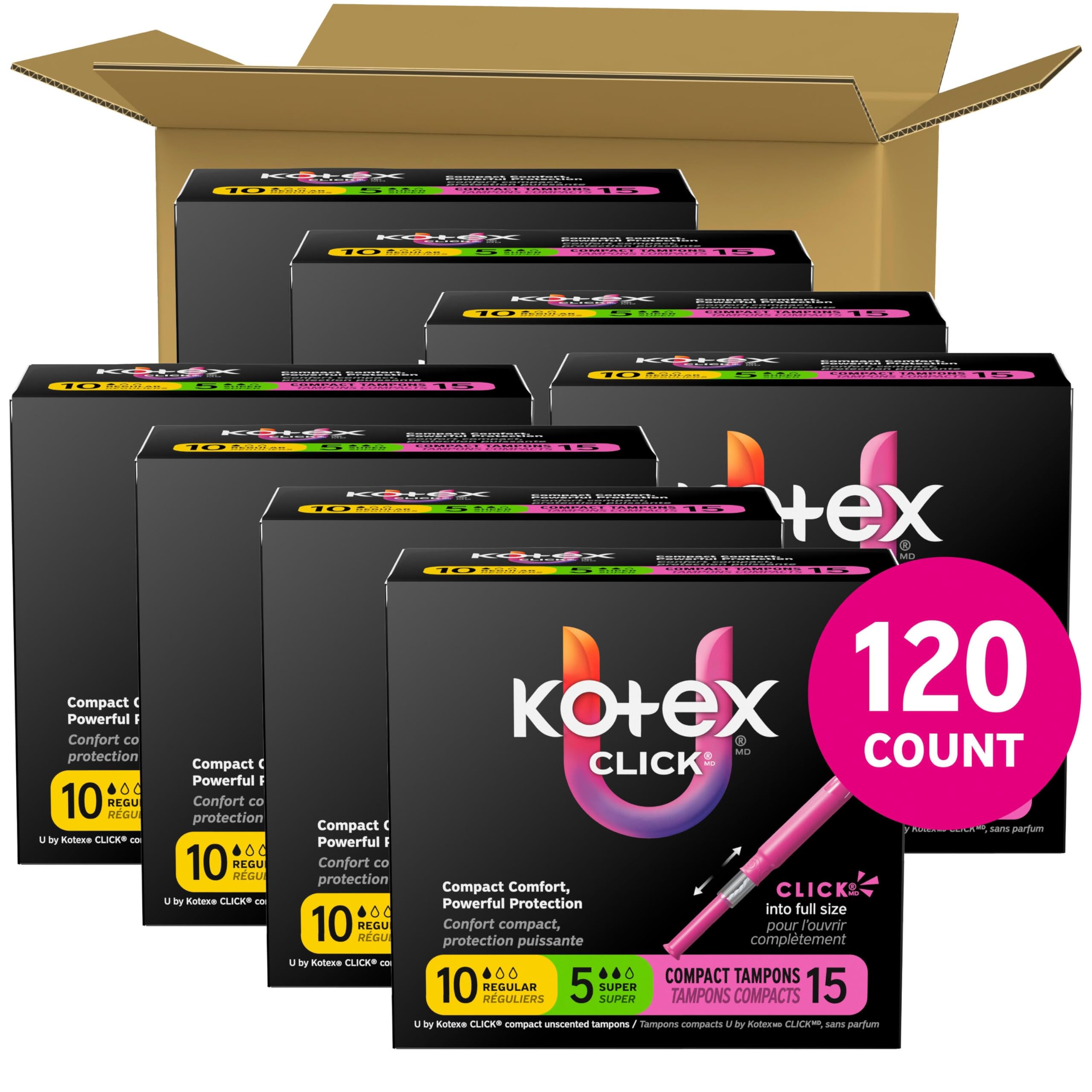 Kotex Click tampón compacto extendido listo para uso con protección completa
