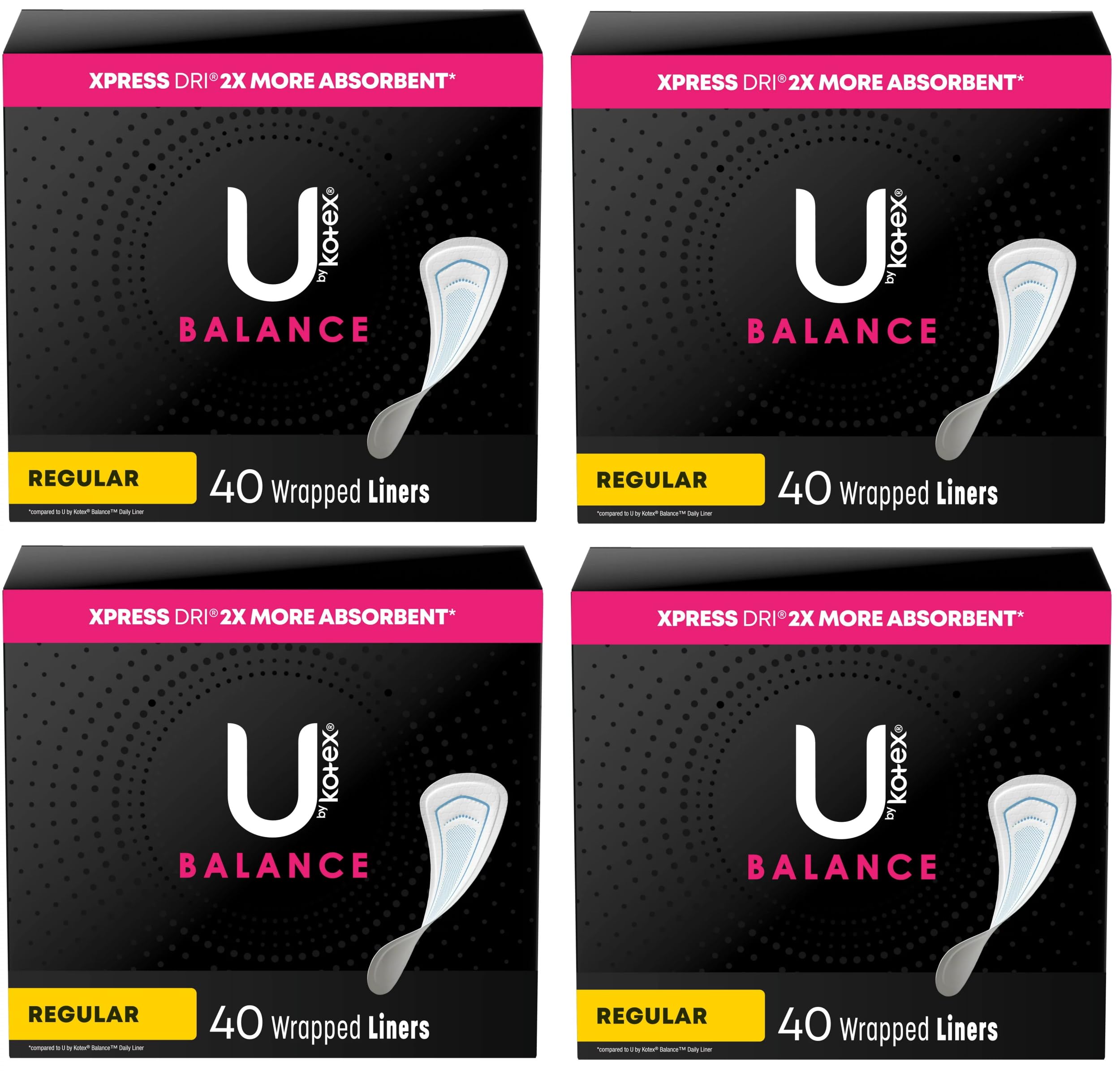 Kotex envase frontal mostrando pack de 4 con 160 protectores, conveniente