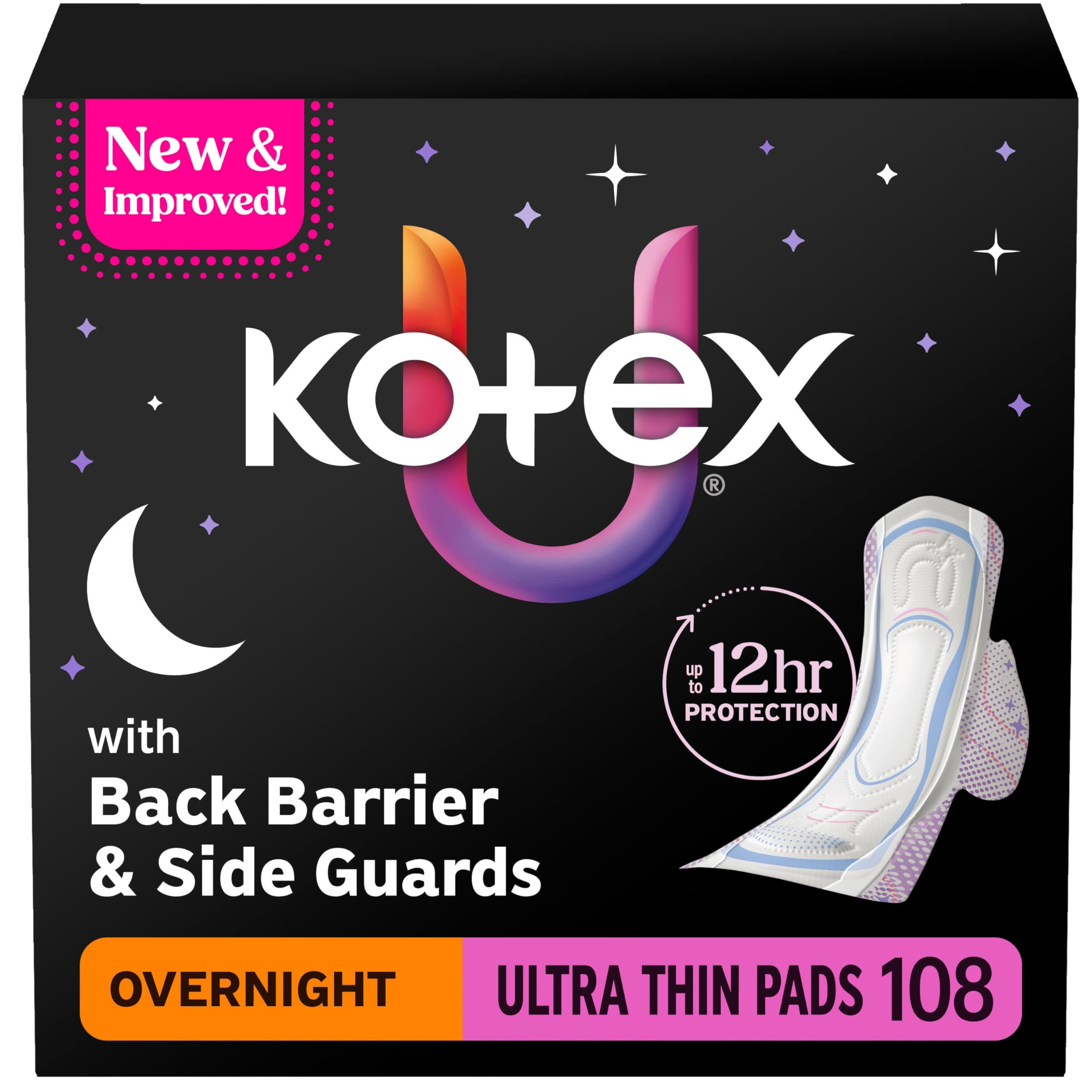 Kotex paquete frontal mostrando cantidad y diseño, protección nocturna clara
