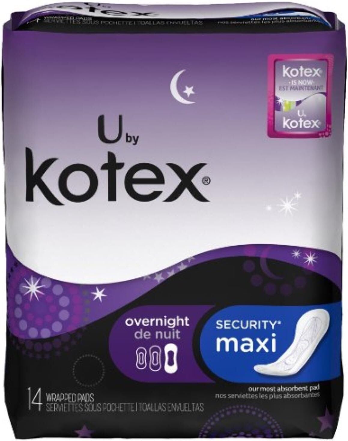 Kotex empaque frontal del producto mostrando el contenido y beneficio de protección nocturna
