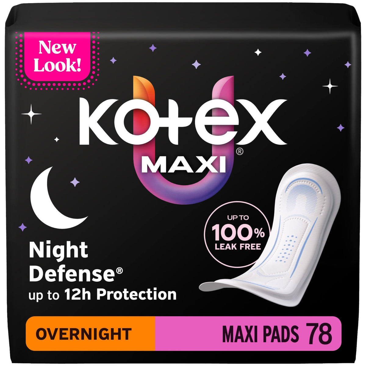 Kotex embalaje frontal mostrando 78 unidades y beneficios nocturnos
