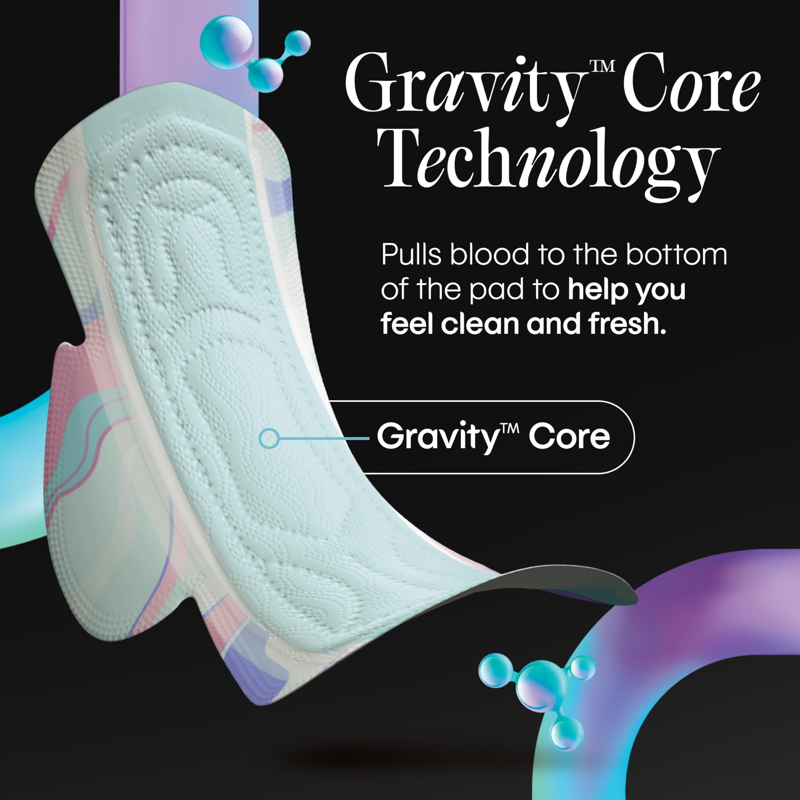 Kotex núcleo Gravity Core que concentra el flujo y mantiene sequedad